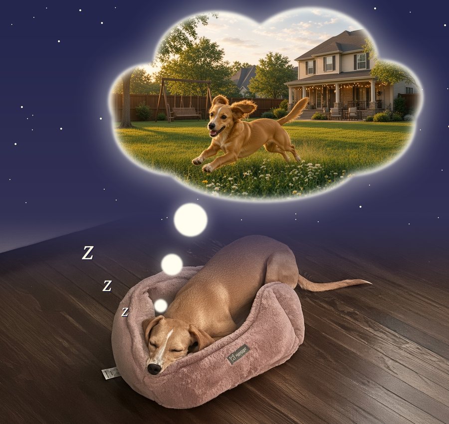 June asleep in her dog bed, dreaming of running across a big fenced backyard behind a cozy house